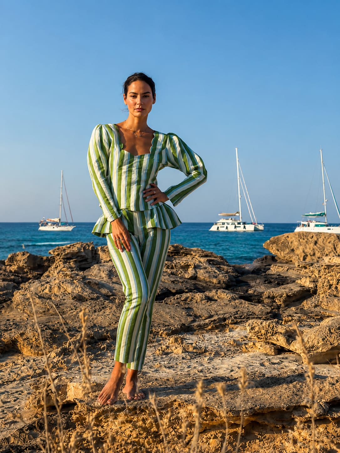 Conjunto verde de rayas de BOLAZO frente al Mediterráneo