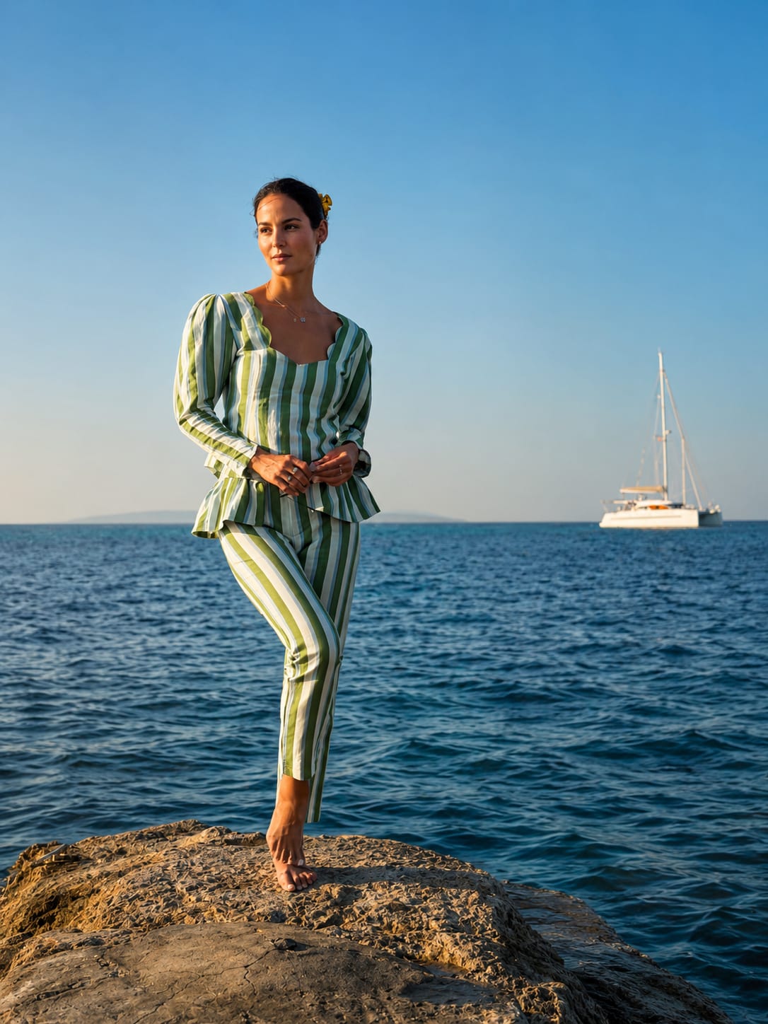 Look de rayas de BOLAZO junto al mar y un velero