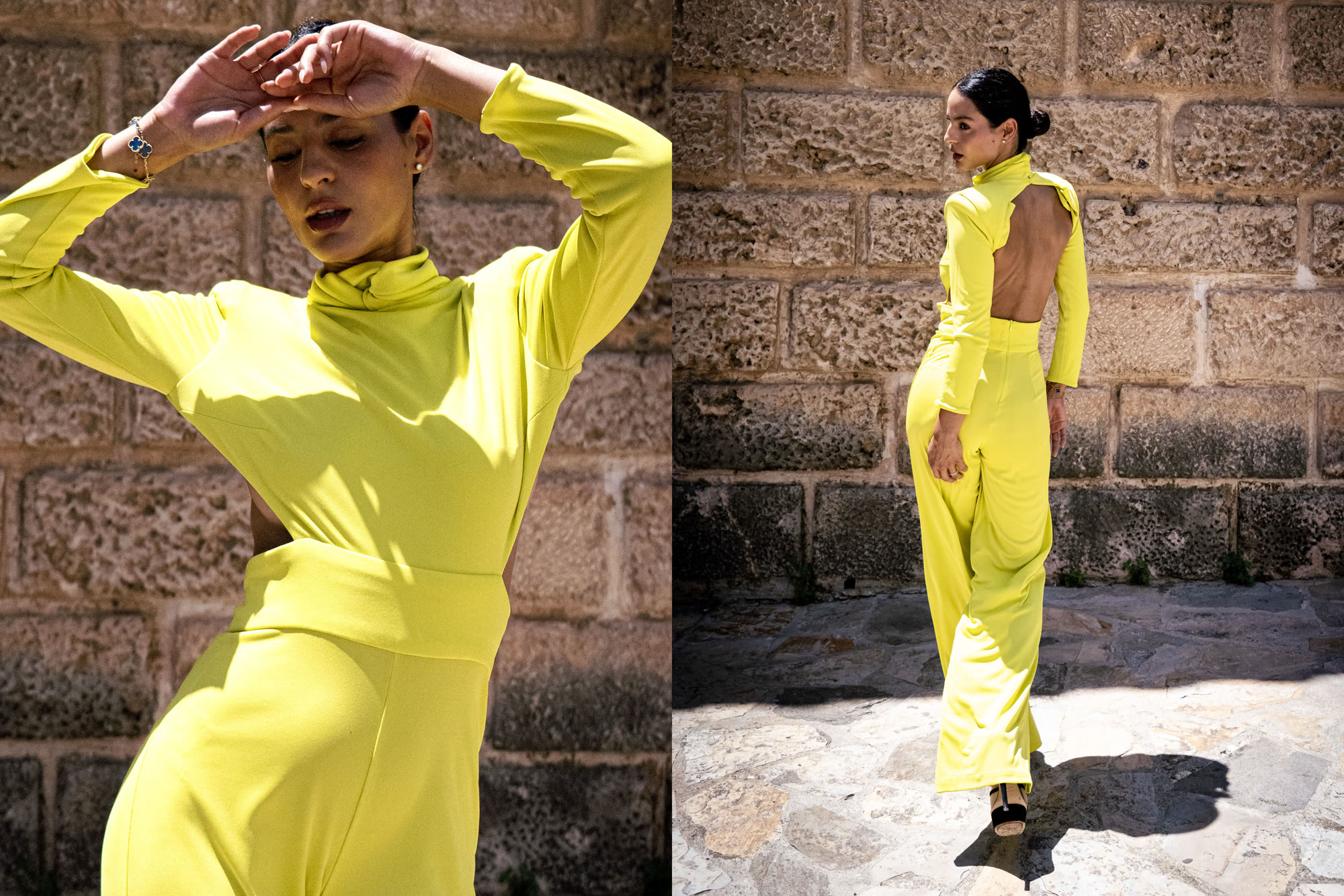 Díptico editorial del conjunto amarillo lima Kimona by JP